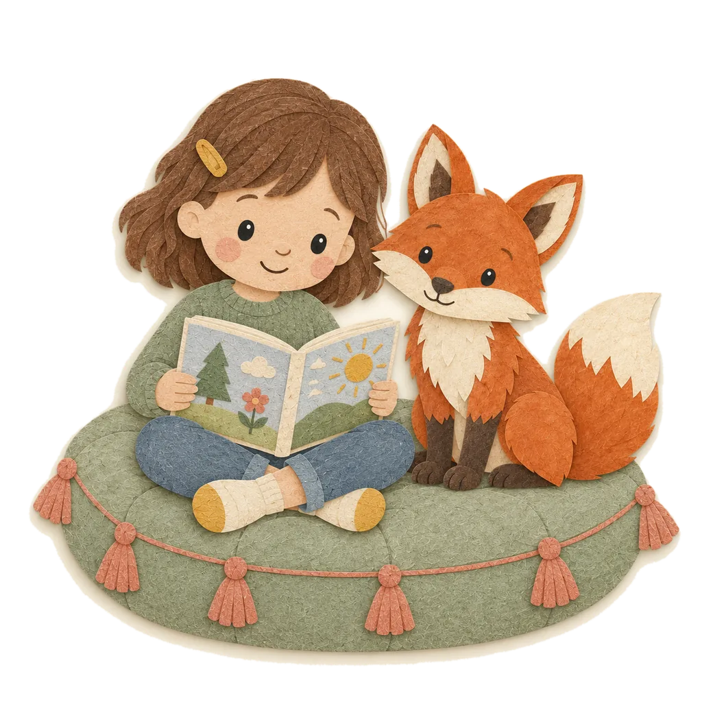 Ein Mädchen liest mit Lumi, dem Fuchs, ein Buch
